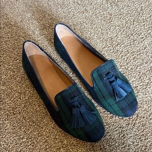 J. Crew Green and Navy Plaid Tassel Loafers